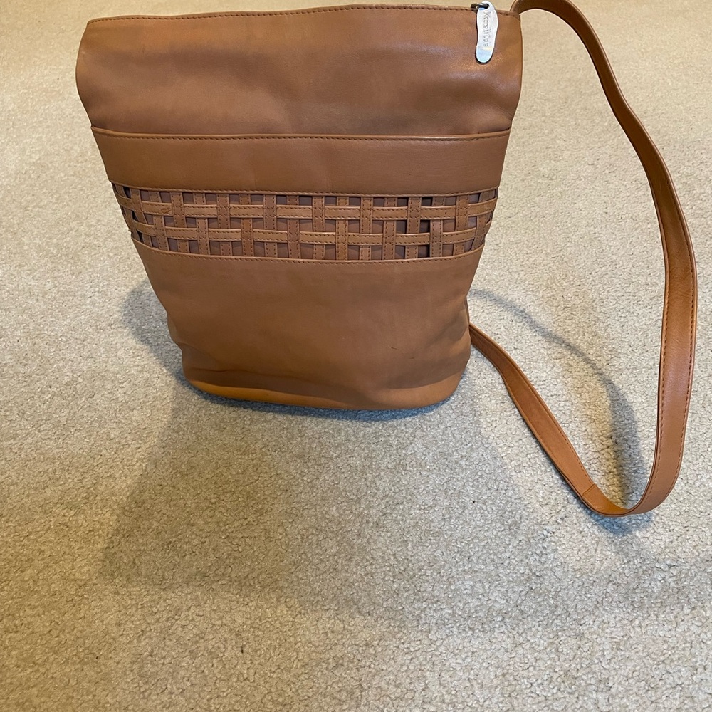 Kenneth Cole Tan Brown Leather Shoulder Bag with Woven Detail